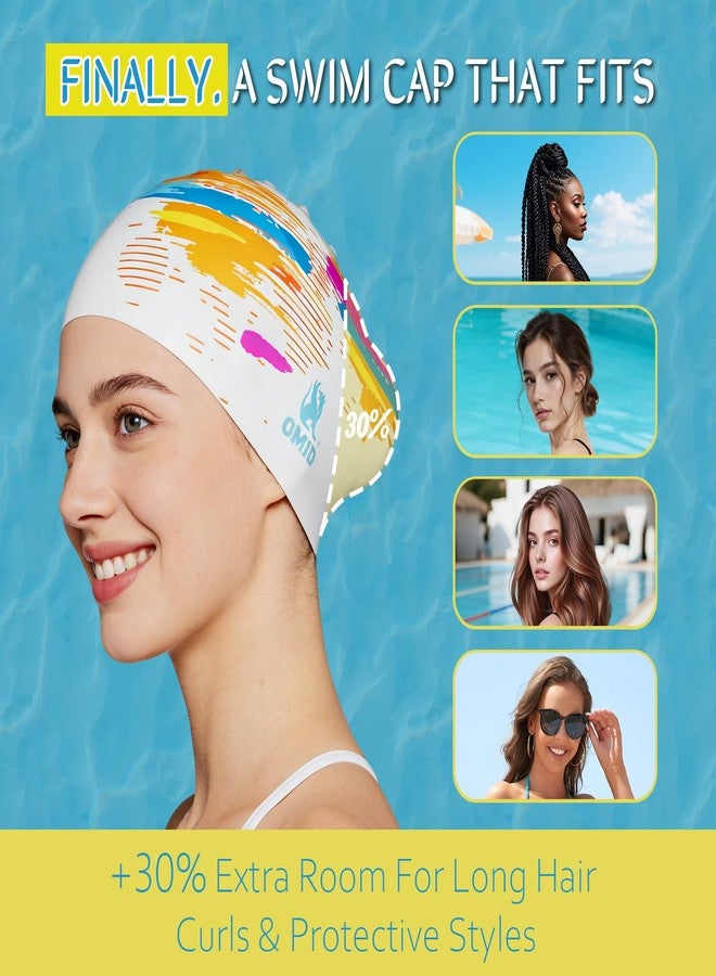 OMID Women Swim Cap for Long Hair & Thick Hair - Extra Large Silicone Swimming Cap, Waterproof Pool and Beach Gear for Adults with Braids, Dreads, Ponytail (Multi-Color Streak) - Image 4