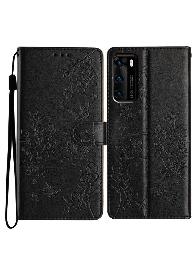 زبون جراب هاتف Huawei P40 من الجلد بتصميم فراشات وزهور - Image 1