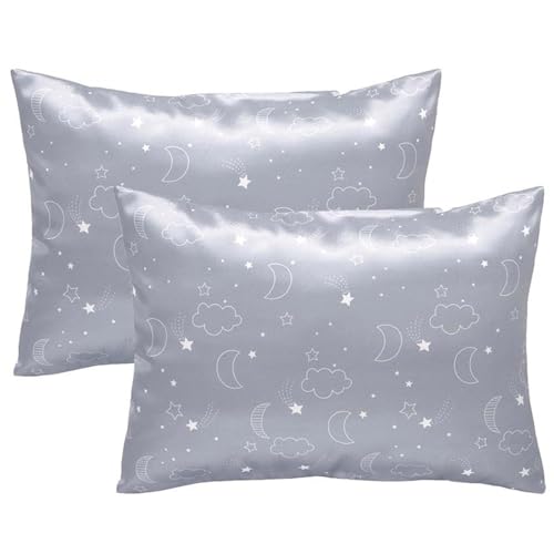 Winmany 2 Pack Toddler Pillow Cases Baby Silk Satin Pillowcases 49 x 36cm Cot Bed Envelope Pillow Cover Kids Soft Travel Pillow Pair Cases for Boys Girls Machine Washable (Grey Cloud Moon) - Image 1