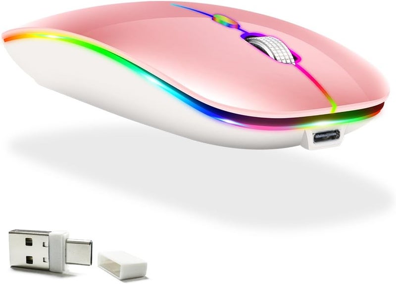 KLO LED Rechargeable (BT5.2+Type-C+USB2.4G) Bluetooth Mouse for MacBook/MacBook air/Pro/iPad/Laptop/Notebook/pc/Chromebook (A LED/Pink) - Image 1