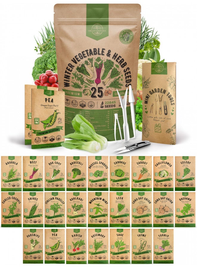 Organo Republic عبوة متنوعة من بذور الخضروات والأعشاب الشتوية من أورجانو ريبابليك 25 لزراعة الحدائق الداخلية والخارجية 5000+ بذور وراثية غير معدلة وراثيًا بروكلي بنجر جزر ملفوف فجل بازلاء نعناع زعتر بقدونس - Image 1