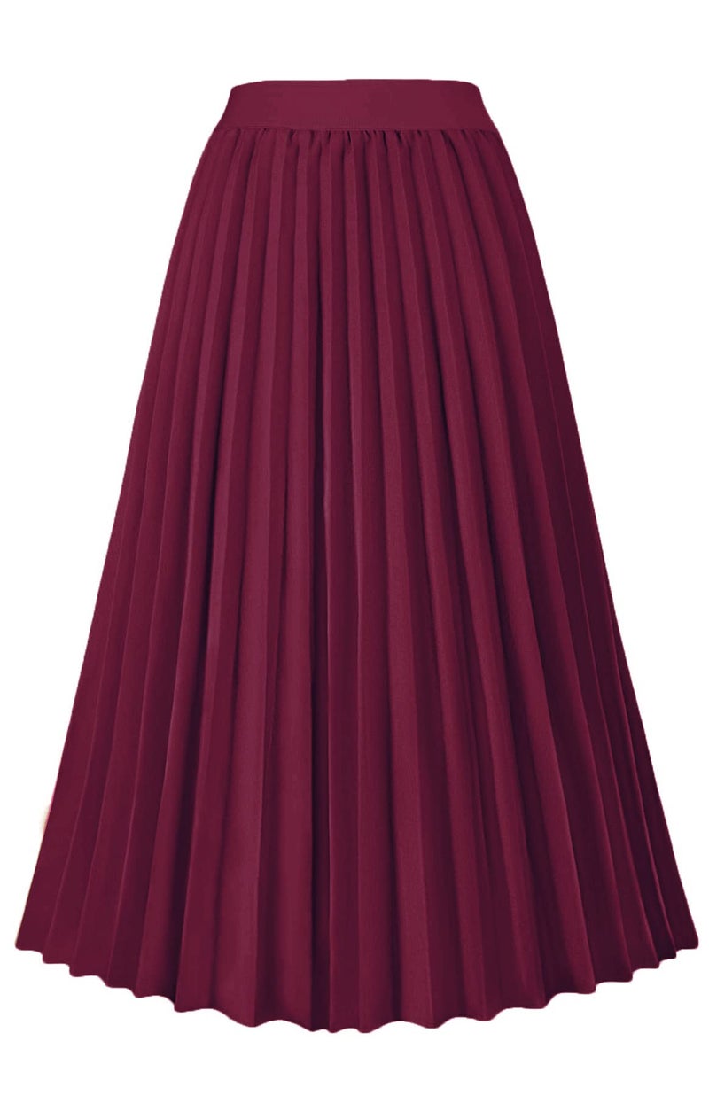 GOLDSTITCH Womens High Waist Pleated Skirt A line Swing Midi Skirt Wine Red