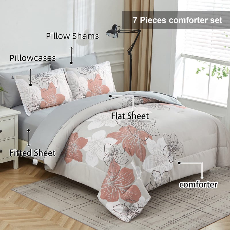 Luxudecor Floral Comforter Set Queen Size, Blush Pink Floral Pattern Printed on Light Grey, Soft Microfiber 7 Pieces Bed in a Bag (1 Comforter, 2 Pillow Shams, 1 Flat Sheet, 1 Fitted Sheet, 2 Pillowcases) - Image 2