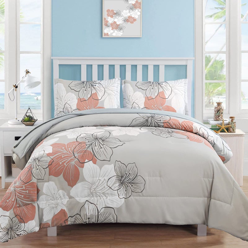 Luxudecor Floral Comforter Set Queen Size, Blush Pink Floral Pattern Printed on Light Grey, Soft Microfiber 7 Pieces Bed in a Bag (1 Comforter, 2 Pillow Shams, 1 Flat Sheet, 1 Fitted Sheet, 2 Pillowcases) - Image 1