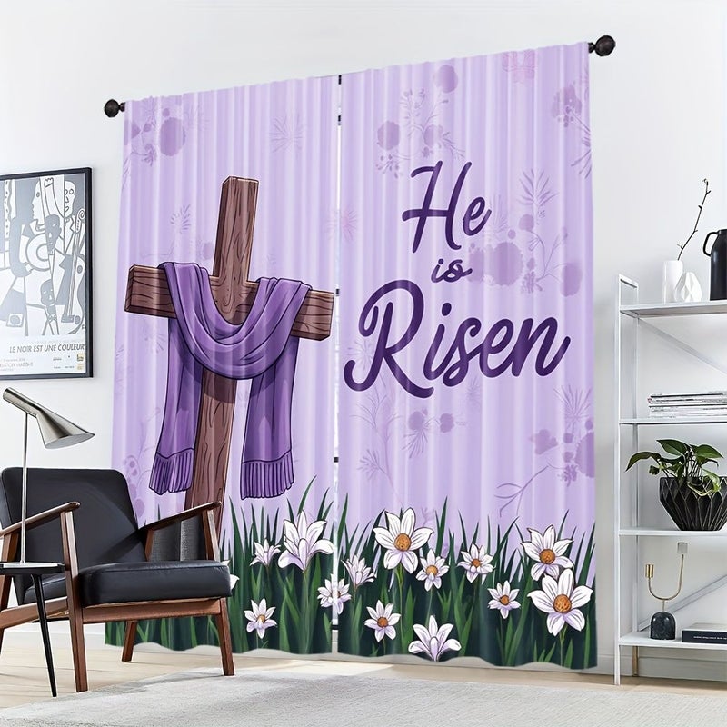 2pcs Happy Easter Spring Floral Curtains 55x94 Inch He Is Risen Polyester Rod Pocket Design For Bedroom Living Room Home Decor - Image 1