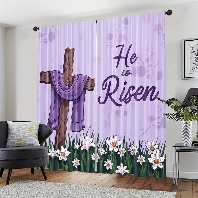 2pcs Happy Easter Spring Floral Curtains 55x94 Inch He Is Risen Polyester Rod Pocket Design For Bedroom Living Room Home Decor - Image 2