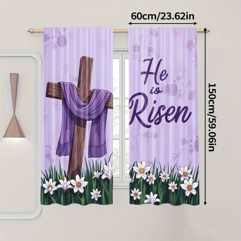 2pcs Happy Easter Spring Floral Curtains 55x94 Inch He Is Risen Polyester Rod Pocket Design For Bedroom Living Room Home Decor - Image 3