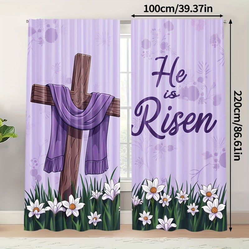 2pcs Happy Easter Spring Floral Curtains 55x94 Inch He Is Risen Polyester Rod Pocket Design For Bedroom Living Room Home Decor - Image 5