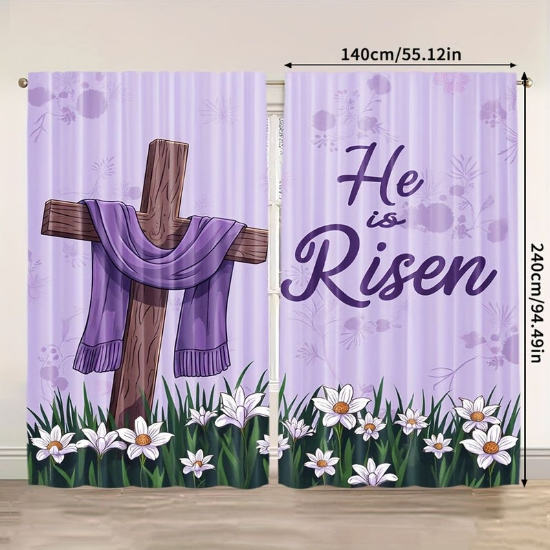 2pcs Happy Easter Spring Floral Curtains 55x94 Inch He Is Risen Polyester Rod Pocket Design For Bedroom Living Room Home Decor - Image 4