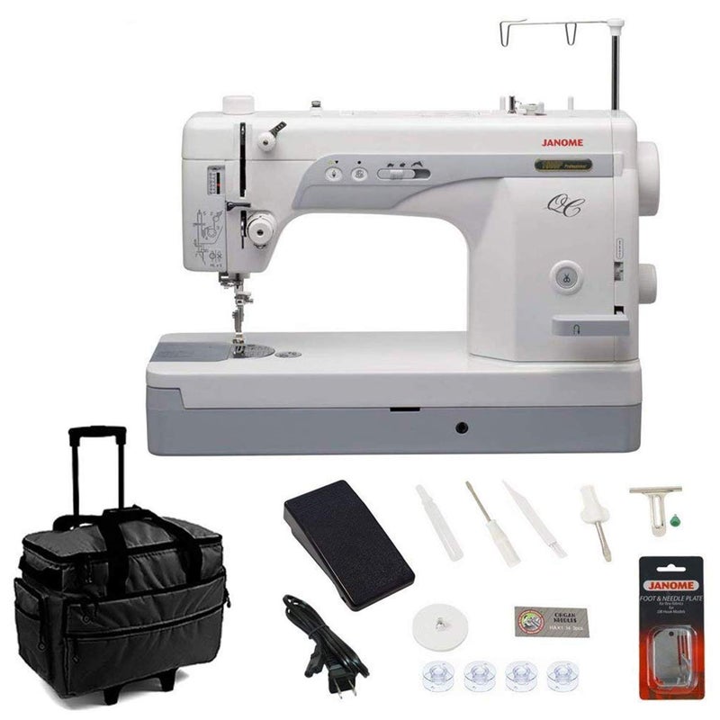 Janome 1600PQC SewingQuilting Machine Bundle with Rolling Trolley Straight Stitch Foot and Plate