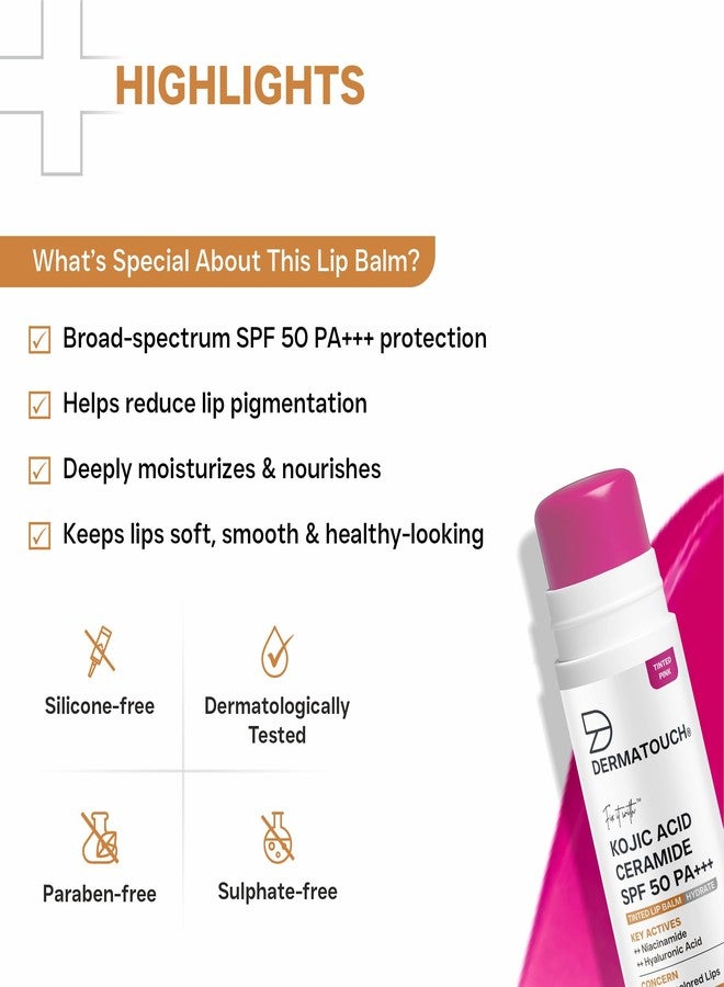 DERMATOUCH Kojic Acid Ceramide SPF 50 PA+++ Tinted Pink Lip Balm - 5g | Moisturizing • Sun Protection • Nourishing | Reduces Pigmentation & Heals Dry Lips - Image 5