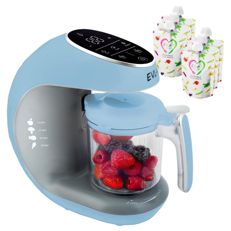 EVLA'S EVLAS Baby Food Maker Steamer Blender Baby Food Processor for Healthy Homemade Baby Food in Minutes Touch Screen with 6 Reusable Food Pouches Baby Registry Essential Blue 
