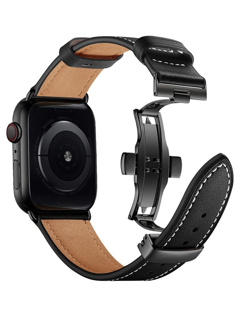SYOSI Genuine Leather Band for Apple Watch Premium Quality Strap with Butterfly Clasp for Men Compatible with iWatch SE Series 9 8 7 6 5 4 3 2 1or Ultra Ultra 2 Black Compatible All Series of iWatch - Image 1