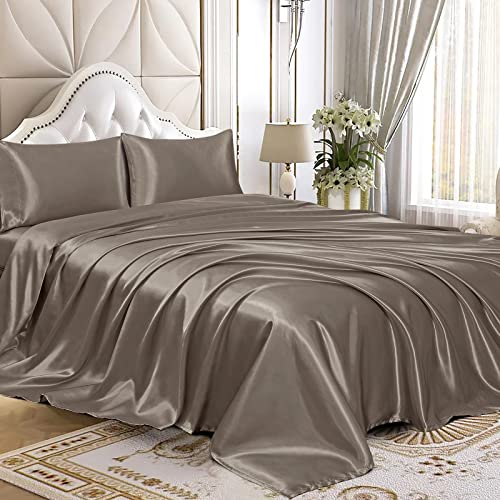 Homiest 4pcs Satin Sheets Set Luxury Silky Satin Bedding Set with Deep Pocket, 1 Fitted Sheet + 1 Flat Sheet + 2 Pillowcases (King Size, Tinfoil Brown) - Image 1