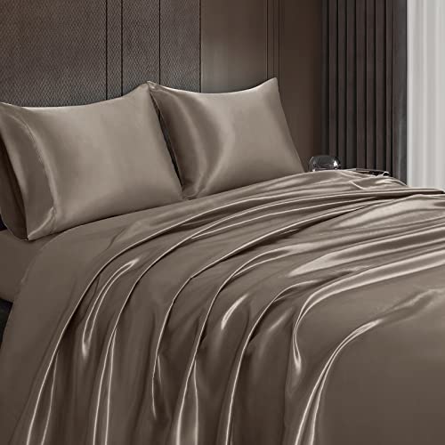 Homiest 4pcs Satin Sheets Set Luxury Silky Satin Bedding Set with Deep Pocket, 1 Fitted Sheet + 1 Flat Sheet + 2 Pillowcases (King Size, Tinfoil Brown) - Image 4