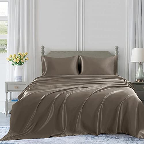 Homiest 4pcs Satin Sheets Set Luxury Silky Satin Bedding Set with Deep Pocket, 1 Fitted Sheet + 1 Flat Sheet + 2 Pillowcases (King Size, Tinfoil Brown) - Image 3