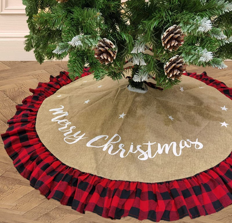 AISENO 36 Inch Christmas Tree Skirt Linen Burlap Buffalo Plaid Edge Decoration for Merry Christmas Party Red and Black Buffalo Christmas Tree Skirt Decorations
