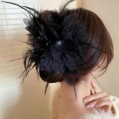 Melodio 2PCS Feather Mesh Flower Hair Claw Clips for Women, Elegant Black and White Hair Clamps, Stylish Floral Jaw Clips for Thick Hair, Non-Slip Updo Accessories - Image 5