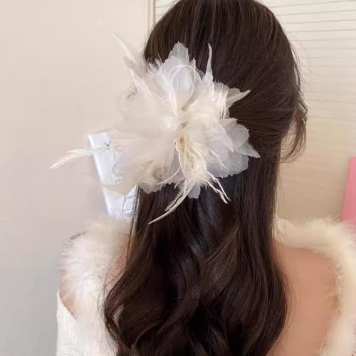 Melodio 2PCS Feather Mesh Flower Hair Claw Clips for Women, Elegant Black and White Hair Clamps, Stylish Floral Jaw Clips for Thick Hair, Non-Slip Updo Accessories - Image 4