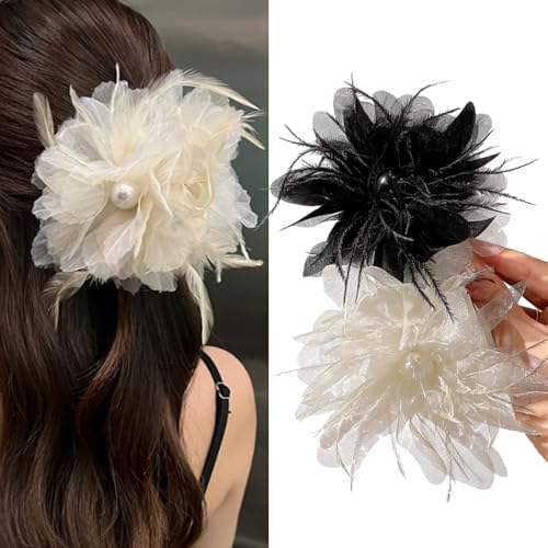 Melodio 2PCS Feather Mesh Flower Hair Claw Clips for Women, Elegant Black and White Hair Clamps, Stylish Floral Jaw Clips for Thick Hair, Non-Slip Updo Accessories - Image 1