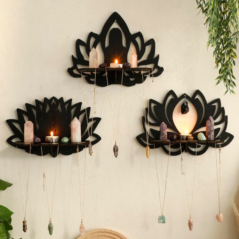 Artilady Lotus Flower Crystal Shelf -3 Pack Floating Shelves for Wall Bedroom Decor Black Cute Display Shelf for Crystals and Stones Aesthetic Boho Room Decorations Witchy Gift for Women - Image 1
