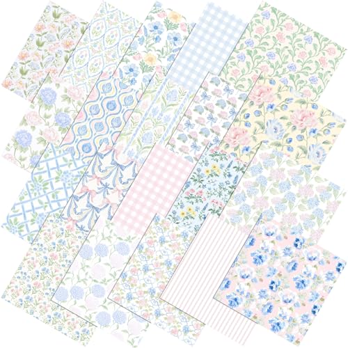 Tudomro 60 Pcs Pastel Floral Fabric Squares 10 x 10 Inch Cotton Pink Blue Hydrangea Rose Gingham Stripe Quilting Fabric Bundles Spring Flower Fat Quarters Quilting Precut Patchwork for Sewing Crafts - Image 1