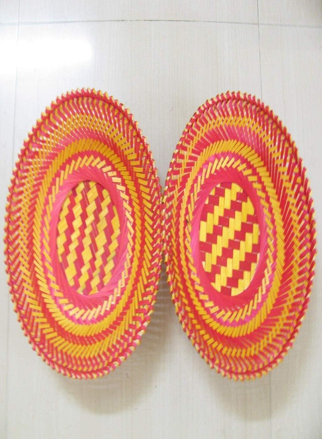 HM SERVICES Pack of 2 Natural Hand Made Multipurpose Bamboo Baskets Round Shape Tokri Big Size Red and Bamboo Color for Fruits Vegetables Storage Home Decor Gift Items 31 * 31 * 10 Cms LWH - Image 1