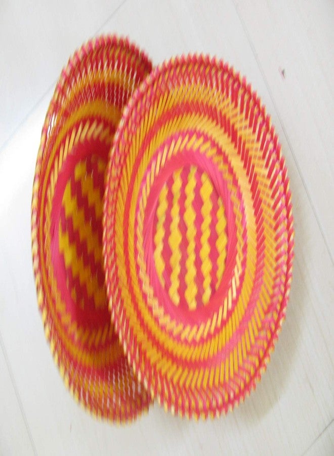 HM SERVICES Pack of 2 Natural Hand Made Multipurpose Bamboo Baskets Round Shape Tokri Big Size Red and Bamboo Color for Fruits Vegetables Storage Home Decor Gift Items 31 * 31 * 10 Cms LWH - Image 2