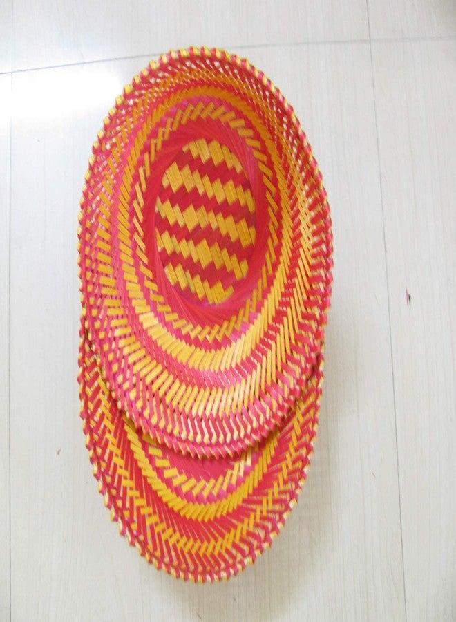 HM SERVICES Pack of 2 Natural Hand Made Multipurpose Bamboo Baskets Round Shape Tokri Big Size Red and Bamboo Color for Fruits Vegetables Storage Home Decor Gift Items 31 * 31 * 10 Cms LWH - Image 3