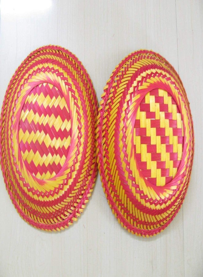 HM SERVICES Pack of 2 Natural Hand Made Multipurpose Bamboo Baskets Round Shape Tokri Big Size Red and Bamboo Color for Fruits Vegetables Storage Home Decor Gift Items 31 * 31 * 10 Cms LWH - Image 4