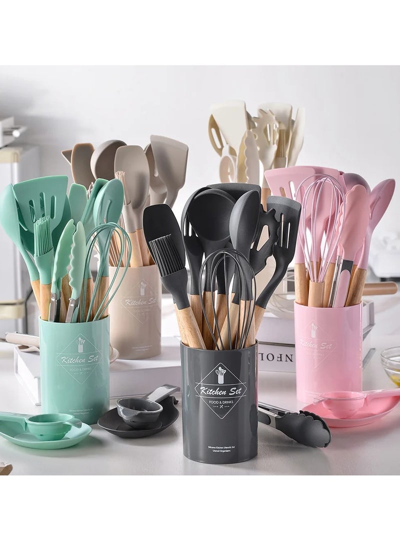 AROAQ 12pcs Silicone Kitchen Utensils Set With Wooden Handle And Storage Bucket, Heat Resistant Silicone Kitchen Spatulas Set, (Khaki )  - Image 2