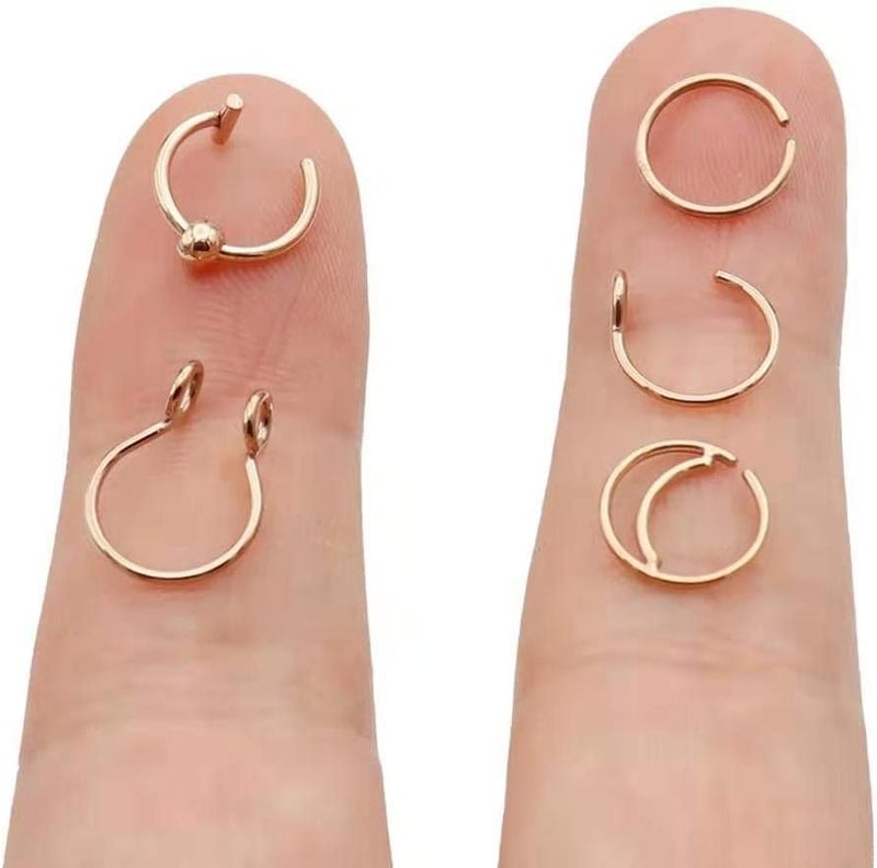 Earmark 20G 5Pcs Adjustable 8MM Fake Nose Rings Hoop in High Polished Surgical Steel | Diameter 8MM | Color Gold - Silver - Black - Rainbow - Image 1