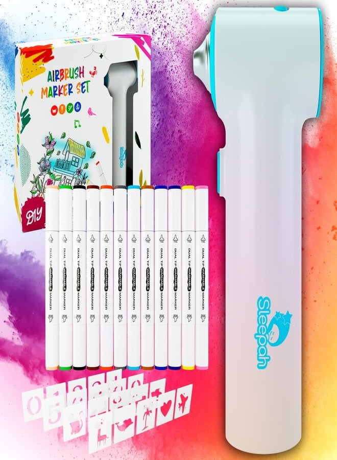 Sleepah Air Brush Marker Set for Kids Includes 12 Washable Markers 20 Stencils Gift for Ages 5 6 7 8 9 Years Old - Great Arts & Crafts Set - Image 4