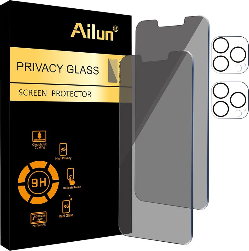 Ailun 2Pack Privacy Screen Protector for iPhone 13 Pro [6.1 inch Display] + 2 Pack Camera Lens Protector, Anti Spy Private Tempered Glass Film,[9H Hardness] - HD - Image 1