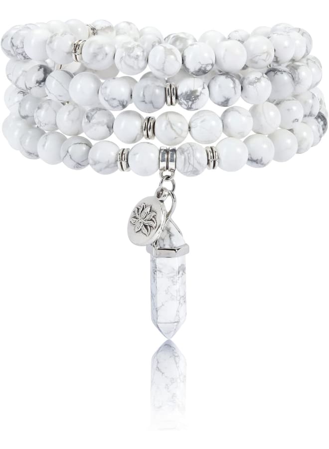JSDDE 108 Mala Prayer Beads Wrap Bracelet Natural White Howlite Crystals Gemstone Lotus Pendant Necklace for Healing Meditation  - Image 1
