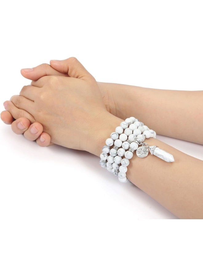 JSDDE 108 Mala Prayer Beads Wrap Bracelet Natural White Howlite Crystals Gemstone Lotus Pendant Necklace for Healing Meditation  - Image 3