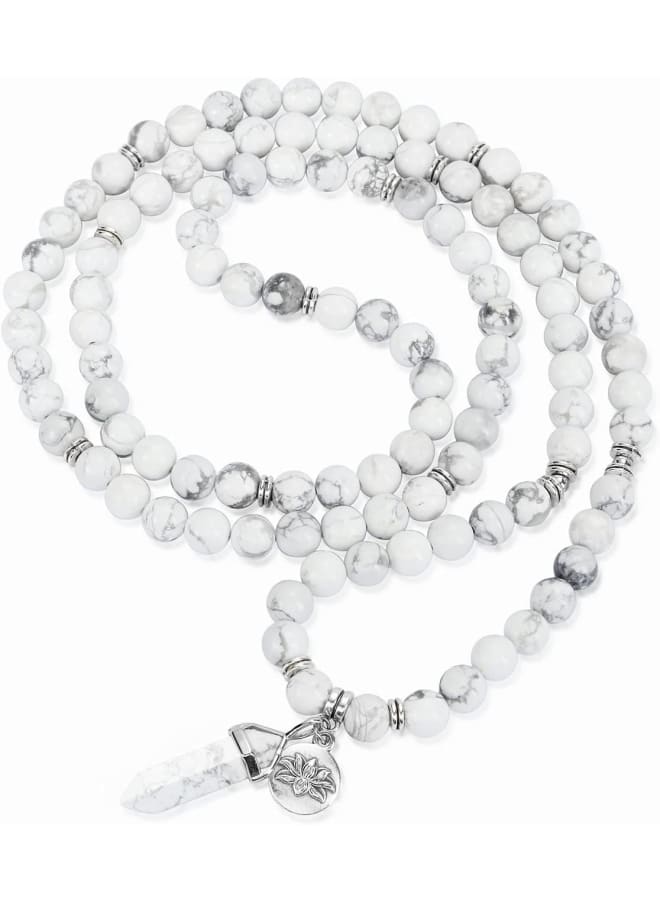 JSDDE 108 Mala Prayer Beads Wrap Bracelet Natural White Howlite Crystals Gemstone Lotus Pendant Necklace for Healing Meditation  - Image 2