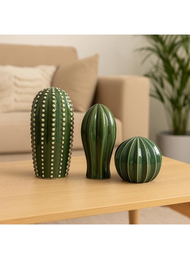 IKEA SJÄLSLIGT 3-Piece Green Cactus Decoration Set, Stoneware Decorative Plant Figurines with Coloured Glaze in Assorted Shapes and Sizes, Artificial Botanical Decor for Shelves, Tables, Desks, Bookcases, Living Rooms and Bedrooms, No Watering Required - Image 2