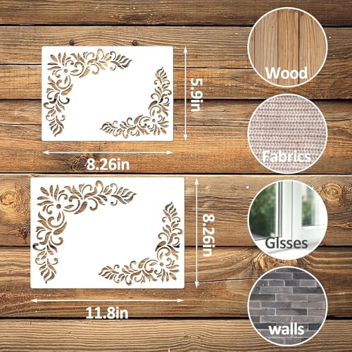 Cliths 6 Pcs Vintage Floral Border Stencils for Painting Reusable Damask Corner Templates for Wood Wall Canvas Paper Fabric DIY Crafts 21x15cm & 30x21cm - Image 2
