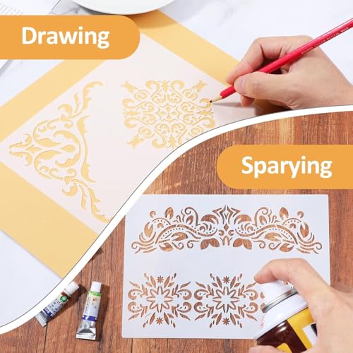 Cliths 6 Pcs Vintage Floral Border Stencils for Painting Reusable Damask Corner Templates for Wood Wall Canvas Paper Fabric DIY Crafts 21x15cm & 30x21cm - Image 3