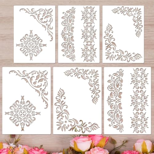Cliths 6 Pcs Vintage Floral Border Stencils for Painting Reusable Damask Corner Templates for Wood Wall Canvas Paper Fabric DIY Crafts 21x15cm & 30x21cm - Image 1