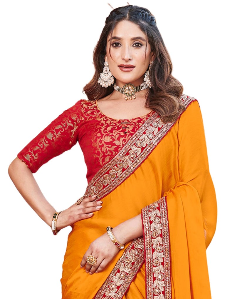 SIRIL Women's Chiffon Sequence Embroidery Lace Saree with Unstitched Blouse Piece (4251S2991_Yellow) - Image 1