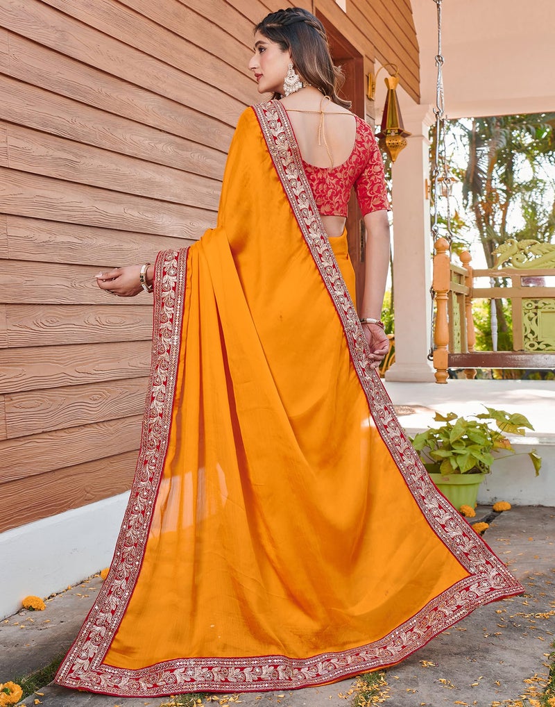 SIRIL Women's Chiffon Sequence Embroidery Lace Saree with Unstitched Blouse Piece (4251S2991_Yellow) - Image 4