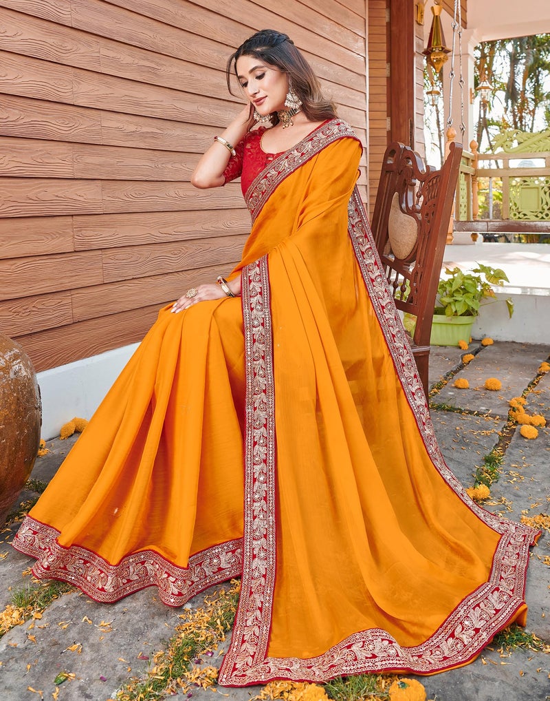 SIRIL Women's Chiffon Sequence Embroidery Lace Saree with Unstitched Blouse Piece (4251S2991_Yellow) - Image 3