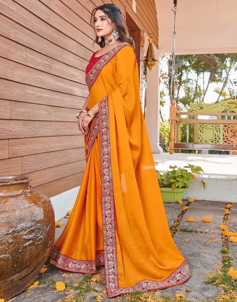 SIRIL Women's Chiffon Sequence Embroidery Lace Saree with Unstitched Blouse Piece (4251S2991_Yellow) - Image 2