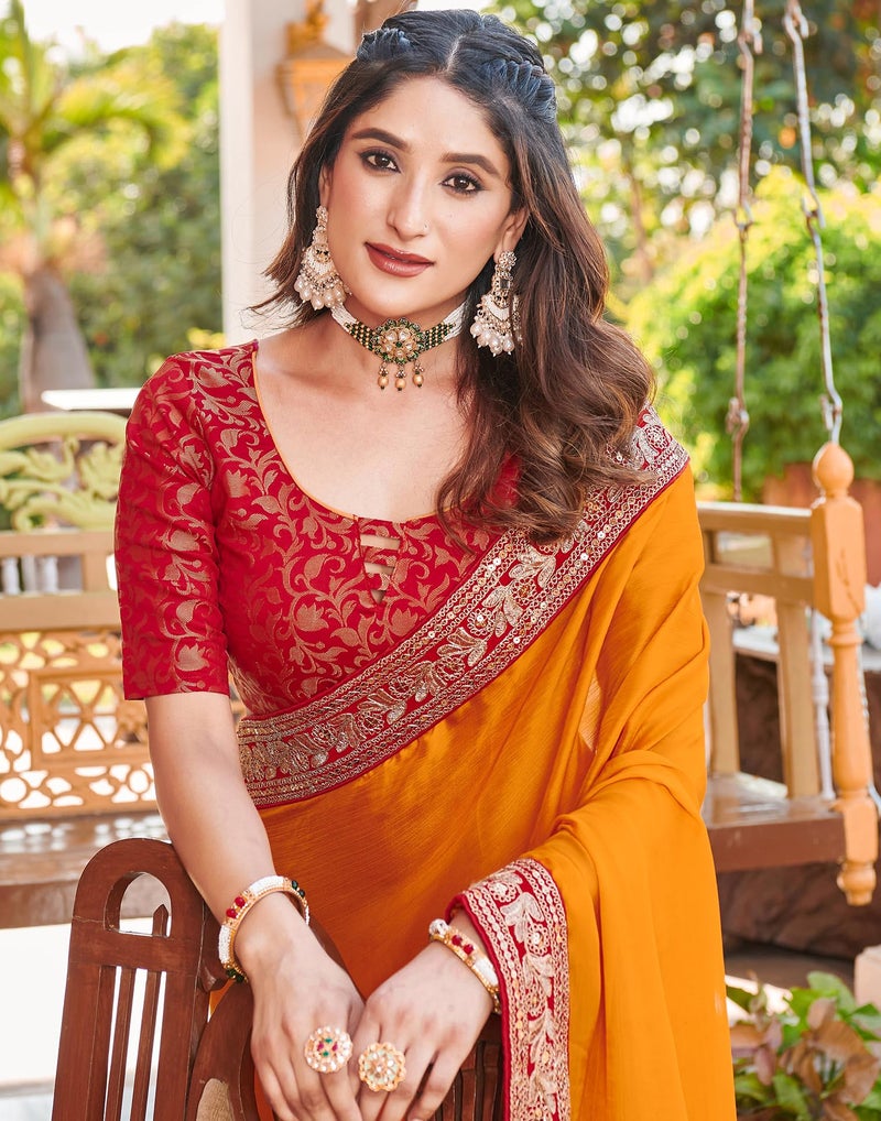 SIRIL Women's Chiffon Sequence Embroidery Lace Saree with Unstitched Blouse Piece (4251S2991_Yellow) - Image 5