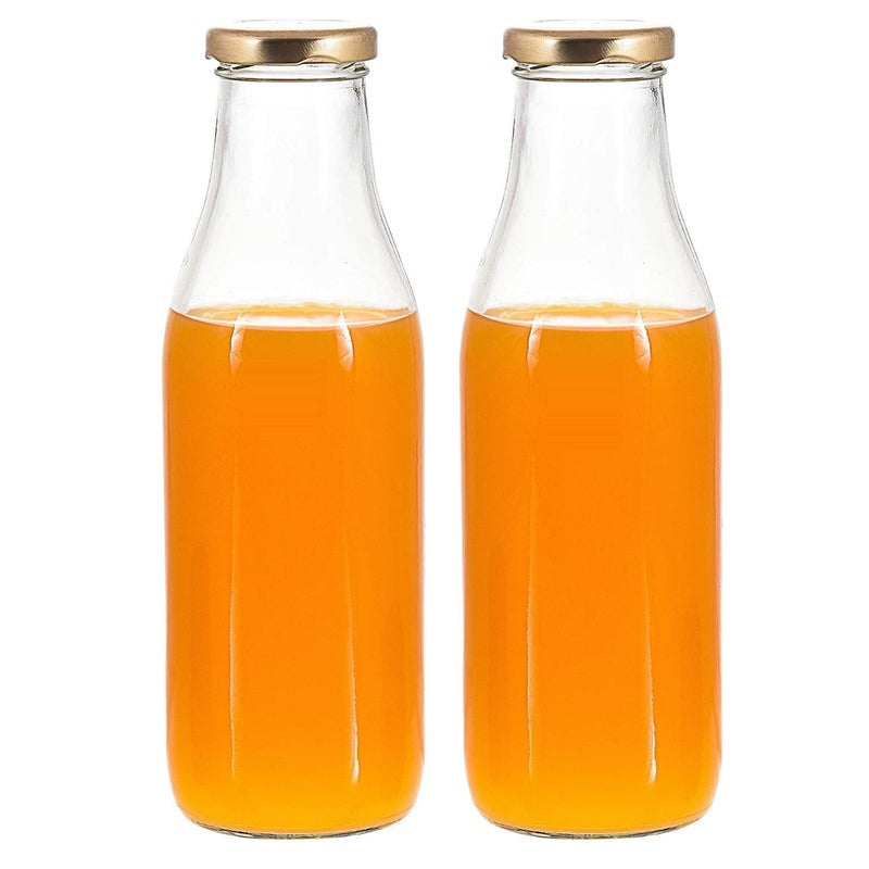 BLISSBORN 500ML Designer Glass Water Bottle with Air Tight Colorful Gold Lid Suitable for JuicesDrinksMilkShakeCocoFridge BottlePerfect for Home Office UseTransparent 2 Pcs - Image 1