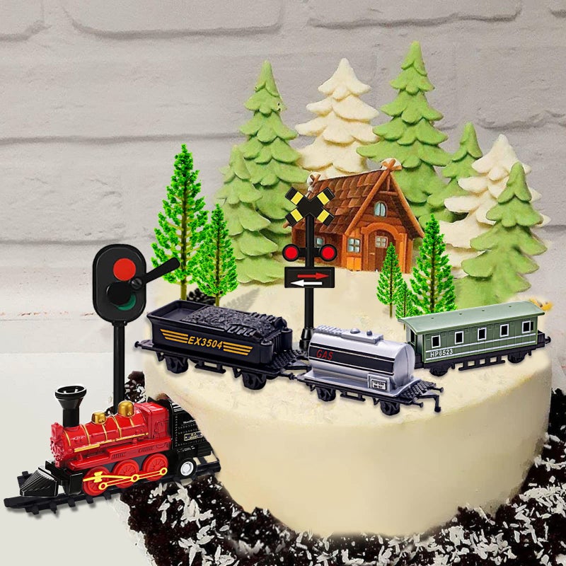 MEMOVAN Train Cake Toppers 13pcs Train Cake Decorations Mini Trains Toy Traffic Track Railway Lights Cake Topper Decorations for Boy's Kids Steam Trains Theme Birthday Party Supplies - Image 5