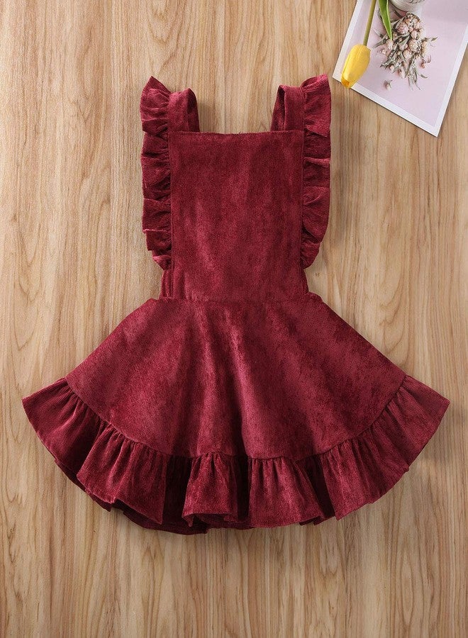Karuedoo Baby Girls Corduroy Suspender Skirt Infant Toddler Ruffled Casual Strap Sundress Summer Outfit Clothes (12-24M, Wine Red 2(Velvet)) - Image 3