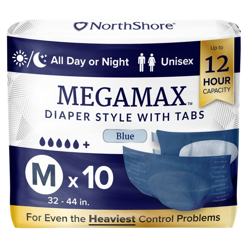 NorthShore MegaMax Adult Overnight Diapers 12Hour TabStyle Medium 10 Count Bag Blue 3244 inches Unisex Incontinence Underwear